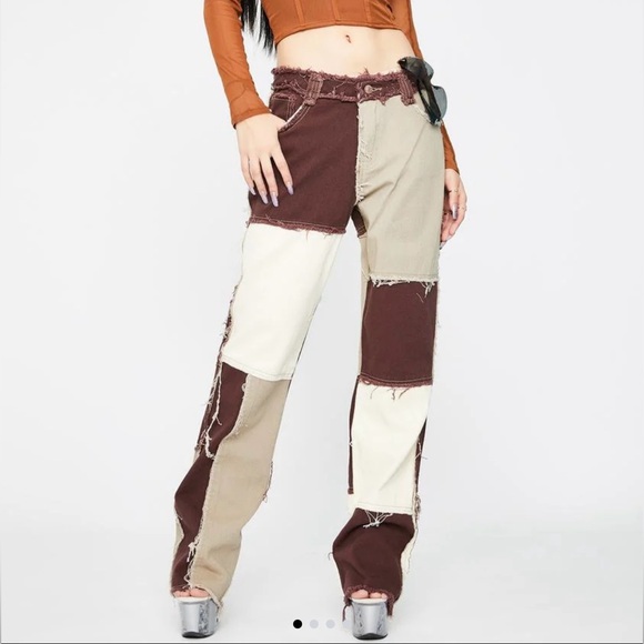 Jaded London Denim - JADED LONDON Cream and Brown Patchwork Denim Straight Leg Frayed Jeans W32